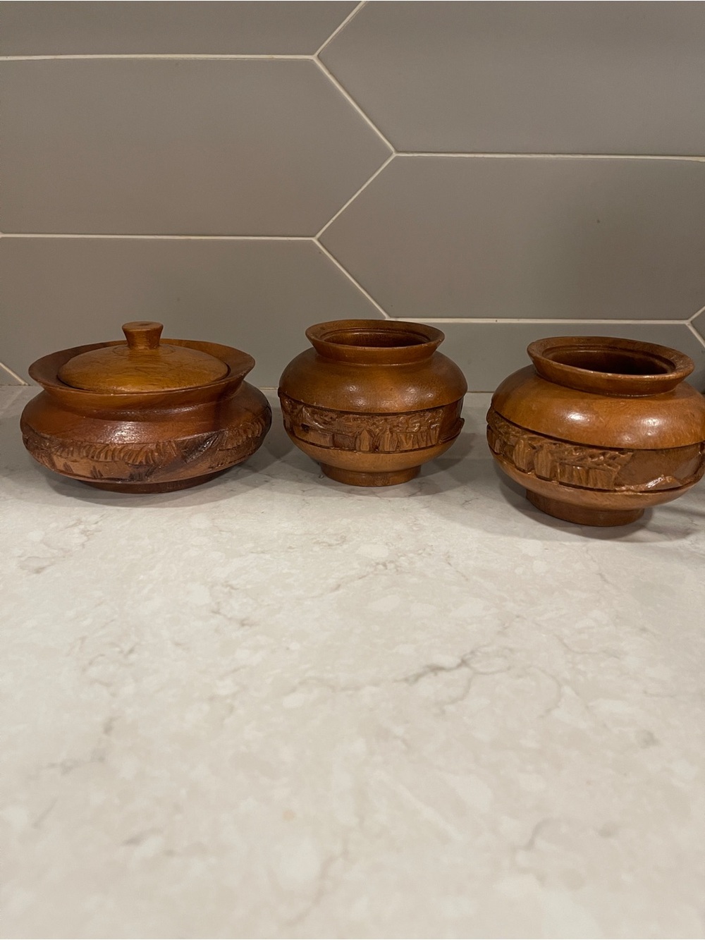 Set of 3 Hand-Carved Wood Spice Jars - Warm Brown